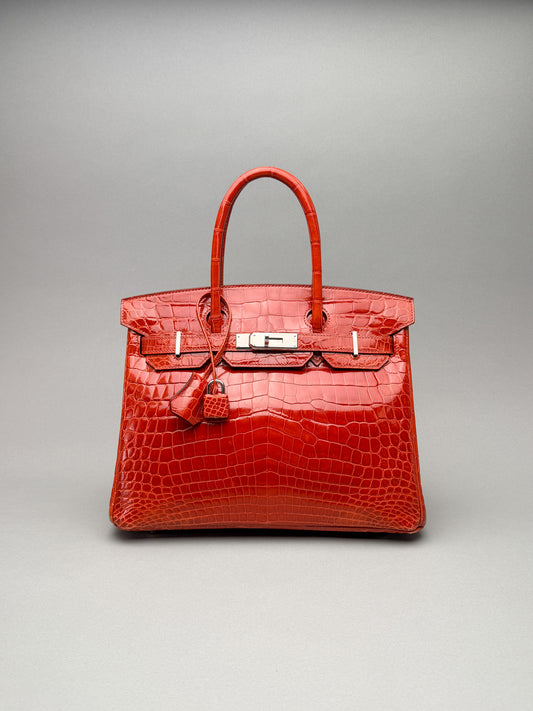 Hermes Birkin 30 Shiny Crocodile Geranium Palladium Hardware Preowned T Stamp