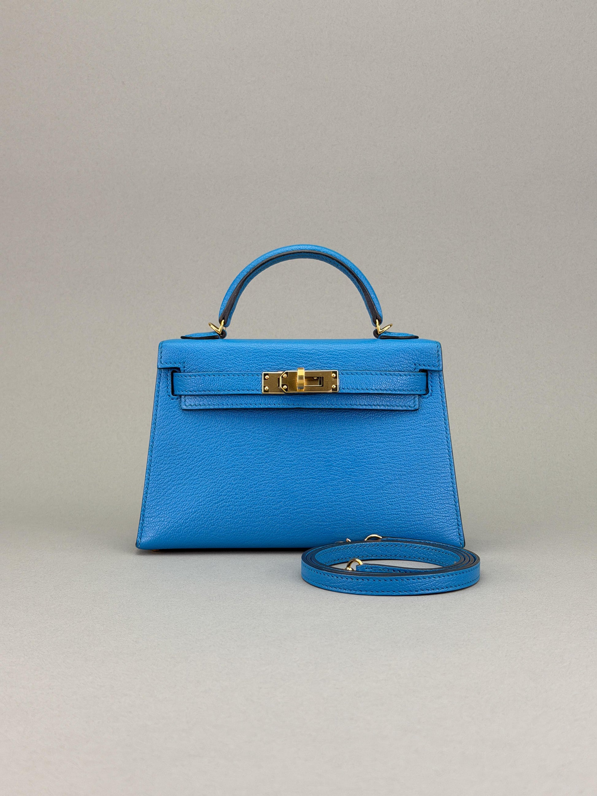 Hermes Mini Kelly II 20 Chevre Blue Frida Gold Hardware Preowned Y Stamp