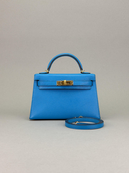 Hermes Mini Kelly II 20 Chevre Blue Frida Gold Hardware Preowned Y Stamp