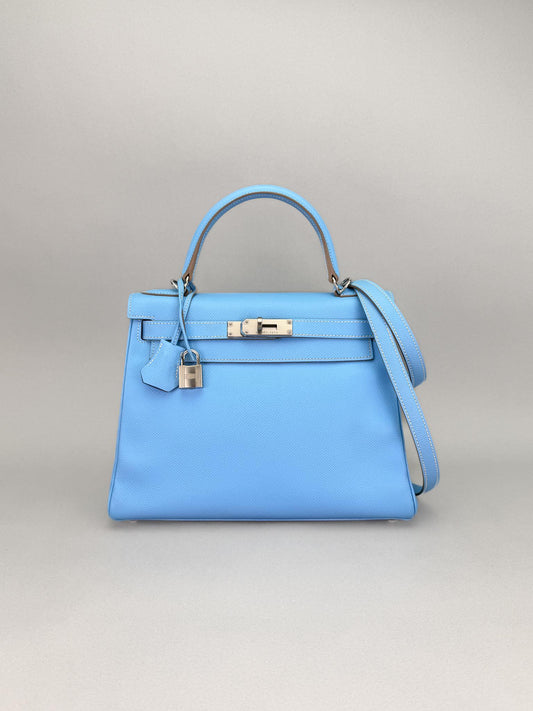 Hermes Kelly 28 Epsom Blue Celeste/Blu Jean Palladium Hardware Preowned Sqaure O