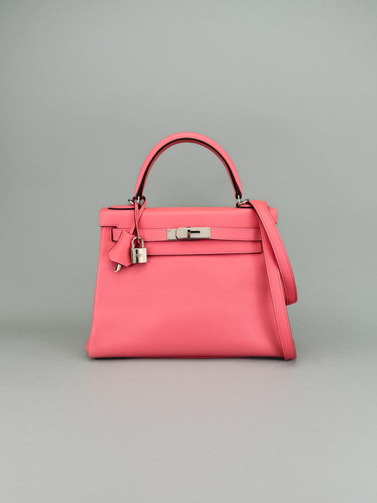 Hermes Kelly 28 Retourne Evercolor Rose D'ete Palladium Hardware Preowned T Stmp