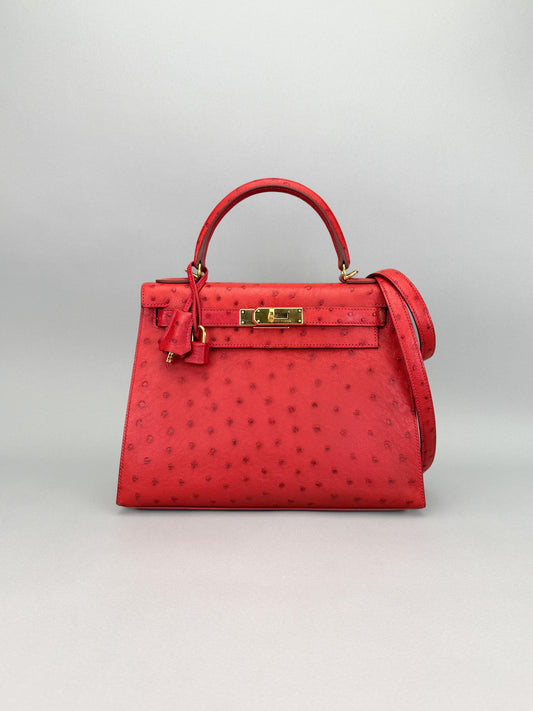 Hermes Kelly 28 Sellier Ostrich Rouge Vif Gold Hardware Preowned T Stamp