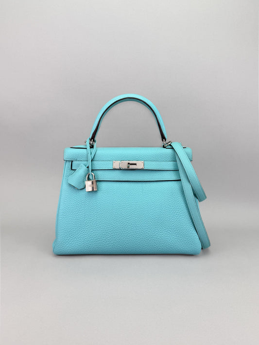 Hermes Kelly 28 Retourne Togo Blue Atoll Palladium Hardware Preowned T Stamp