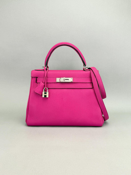 Hermes Kelly 28 Retourne Togo Magnolia Palladium Hardware Preowned C Stamp