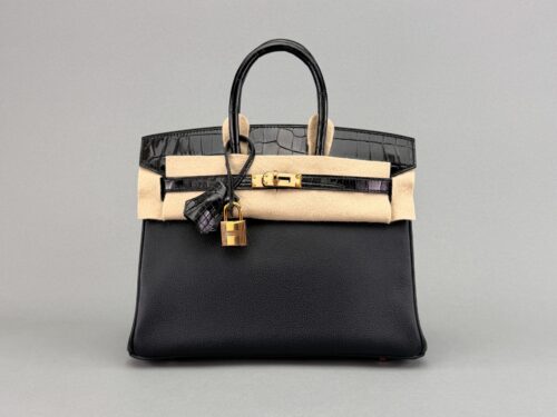 Hermes Birkin 25 Novillo Crcodile Touch Black Rose Gold Hardware D Stamp 2020