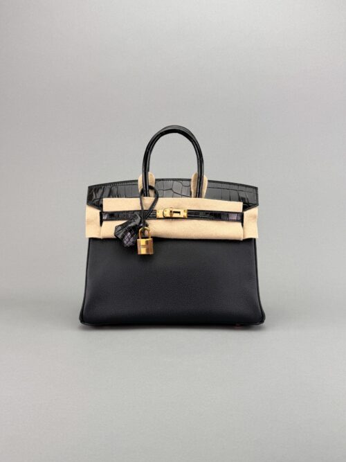 Hermes Birkin 25 Novillo Crcodile Touch Black Rose Gold Hardware D Stamp 2020