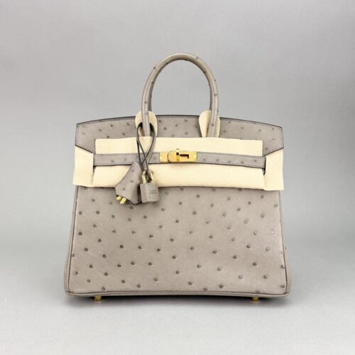 Hermes Birkin 25 Retourne Ostrich Gris Tourtetelle Gold Hardware Preowned U
