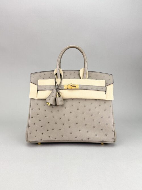 Hermes Birkin 25 Retourne Ostrich Gris Tourtetelle Gold Hardware Preowned U