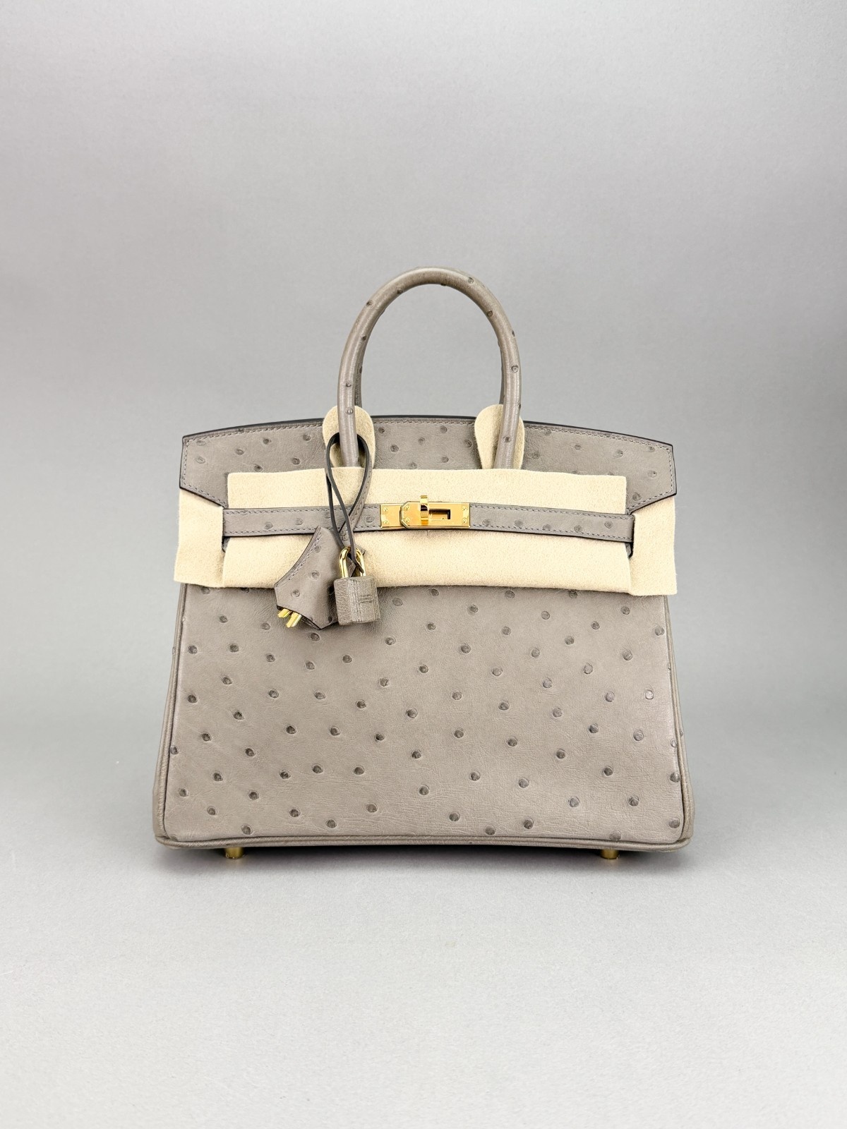 Hermes Birkin 25 Retourne Ostrich Gris Tourtetelle Gold Hardware Preowned U