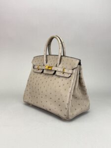Hermes Birkin 25 Retourne Ostrich Gris Tourtetelle Gold Hardware Preowned U
