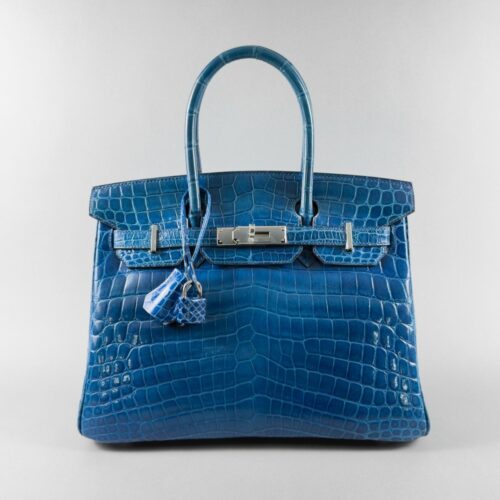 Hermes Birkin 30 Shiny Crocodile Blue Izmir Palladium Hardware Preowned O Stamp