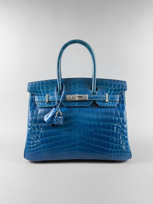 Hermes Birkin 30 Shiny Crocodile Blue Izmir Palladium Hardware Preowned O Stamp