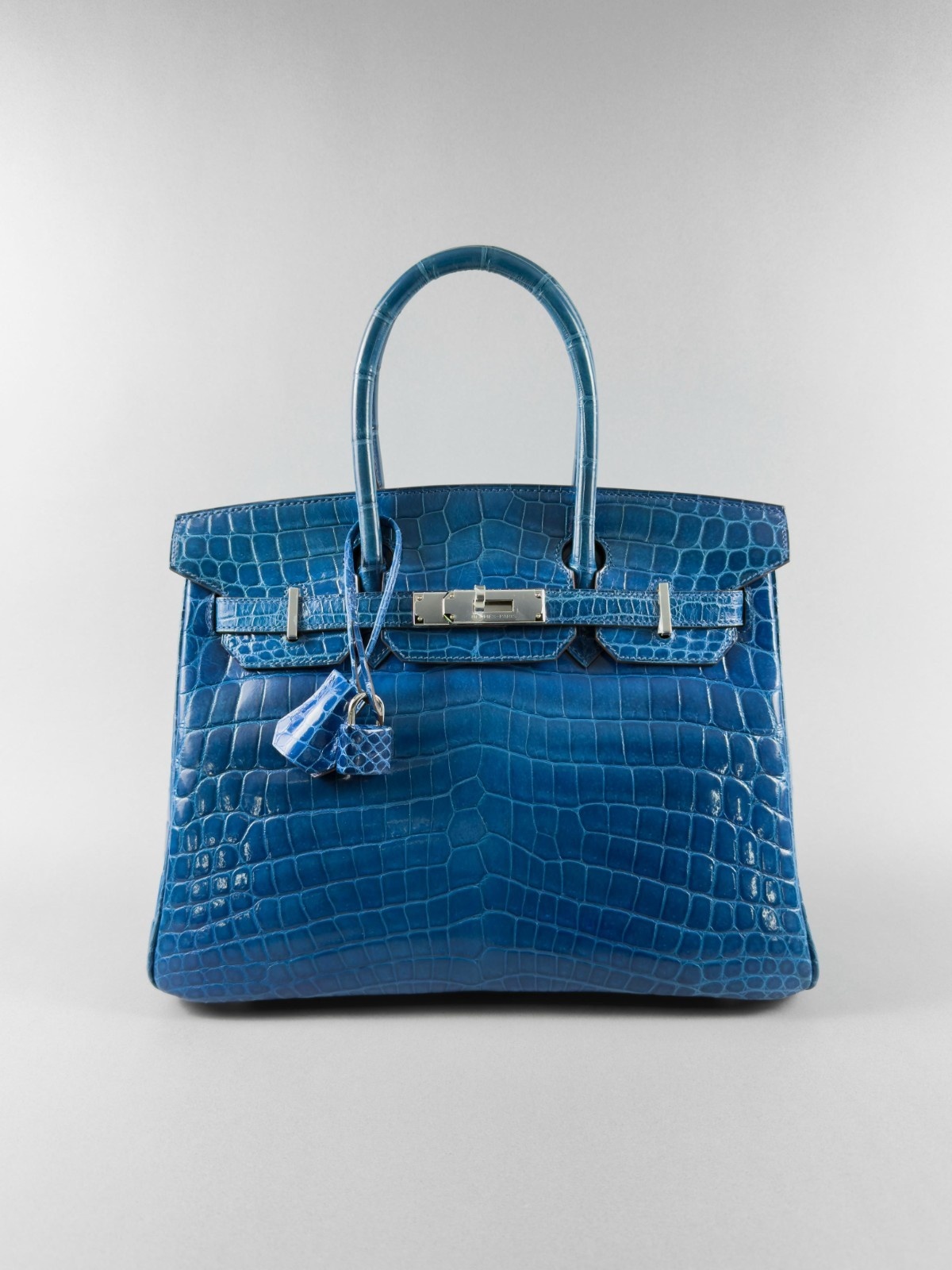 Hermes Birkin 30 Shiny Crocodile Blue Izmir Palladium Hardware Preowned O Stamp