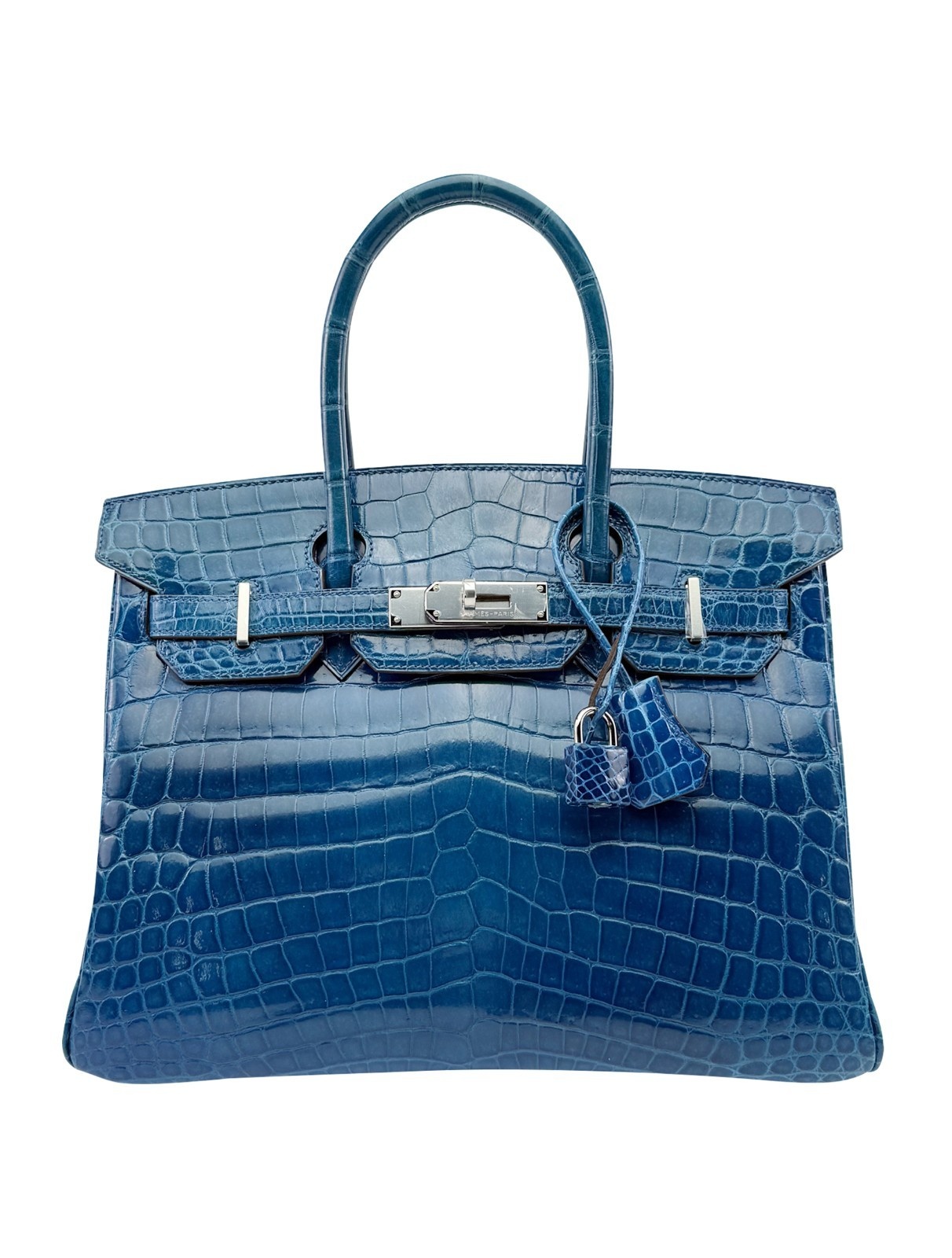 Hermes Birkin 30 Shiny Crocodile Blue Izmir Palladium Hardware Preowned O Stamp