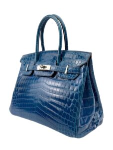 Hermes Birkin 30 Shiny Crocodile Blue Izmir Palladium Hardware Preowned O Stamp