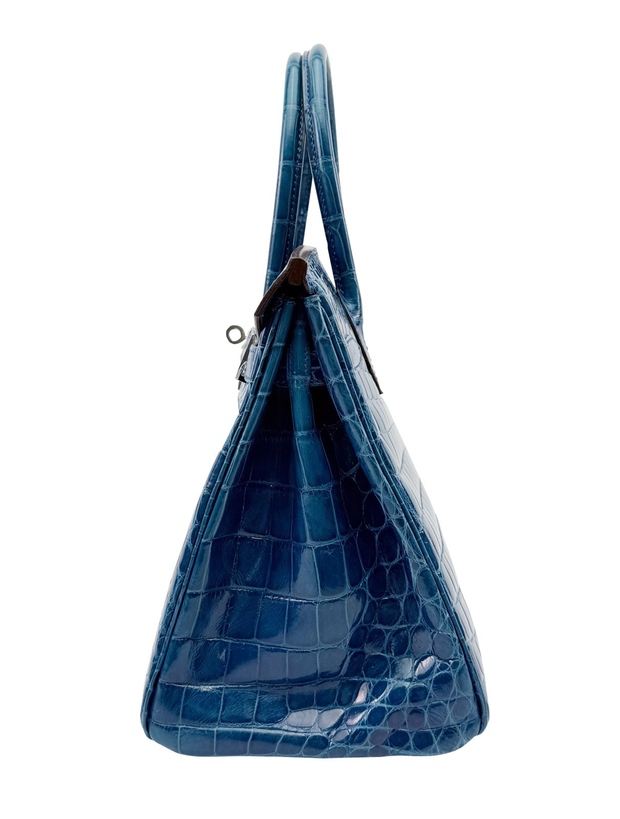 Hermes Birkin 30 Shiny Crocodile Blue Izmir Palladium Hardware Preowned O Stamp