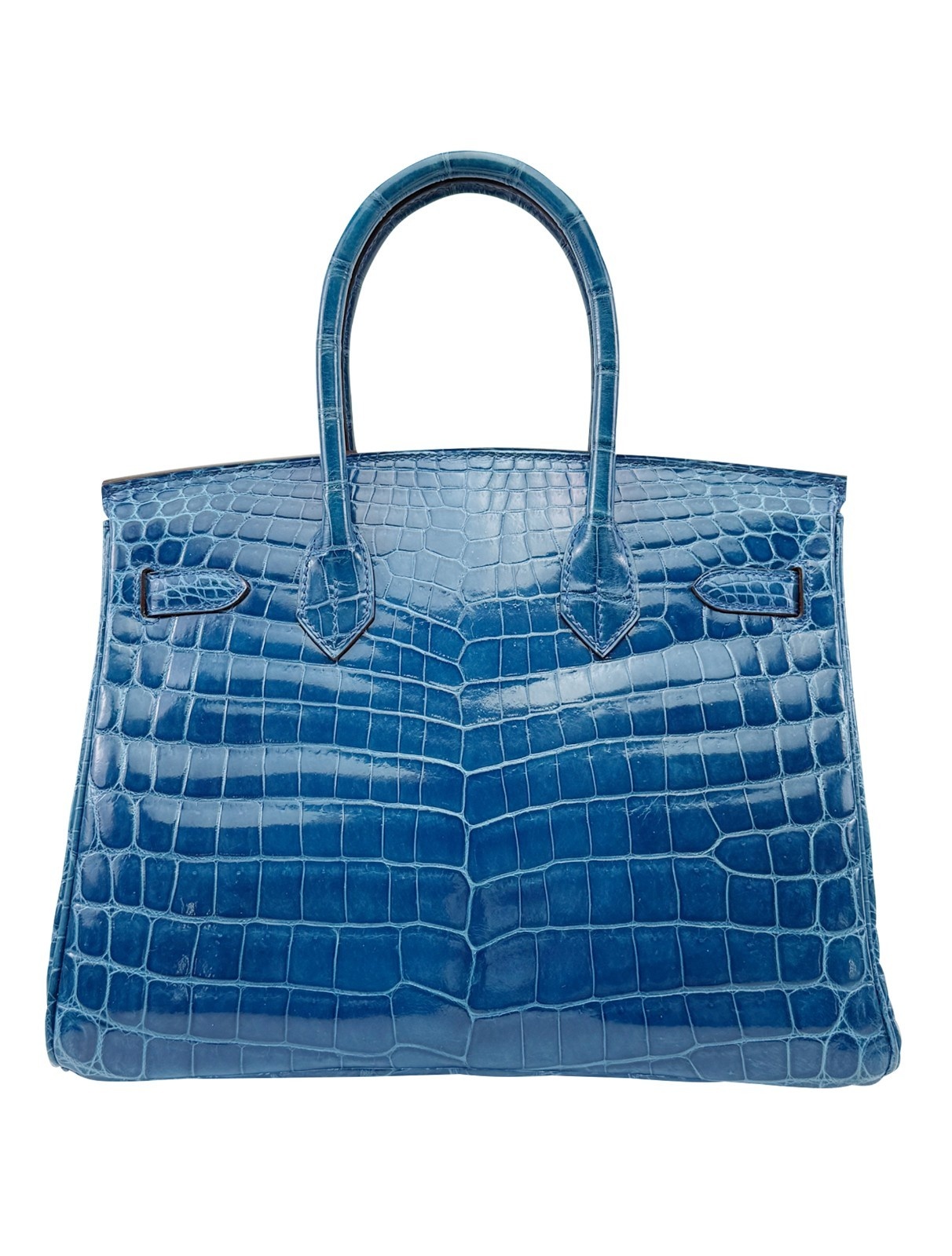 Hermes Birkin 30 Shiny Crocodile Blue Izmir Palladium Hardware Preowned O Stamp