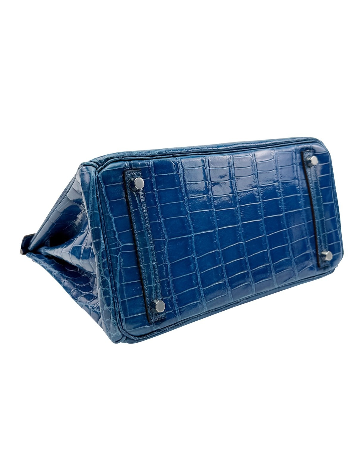 Hermes Birkin 30 Shiny Crocodile Blue Izmir Palladium Hardware Preowned O Stamp