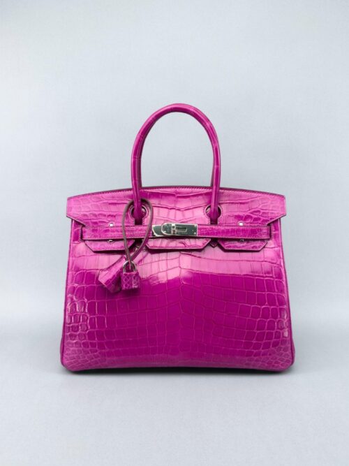 Hermes Birkin 30 Shiny Crocodile Rose Scheherazade Palladium Hardware Preowned R