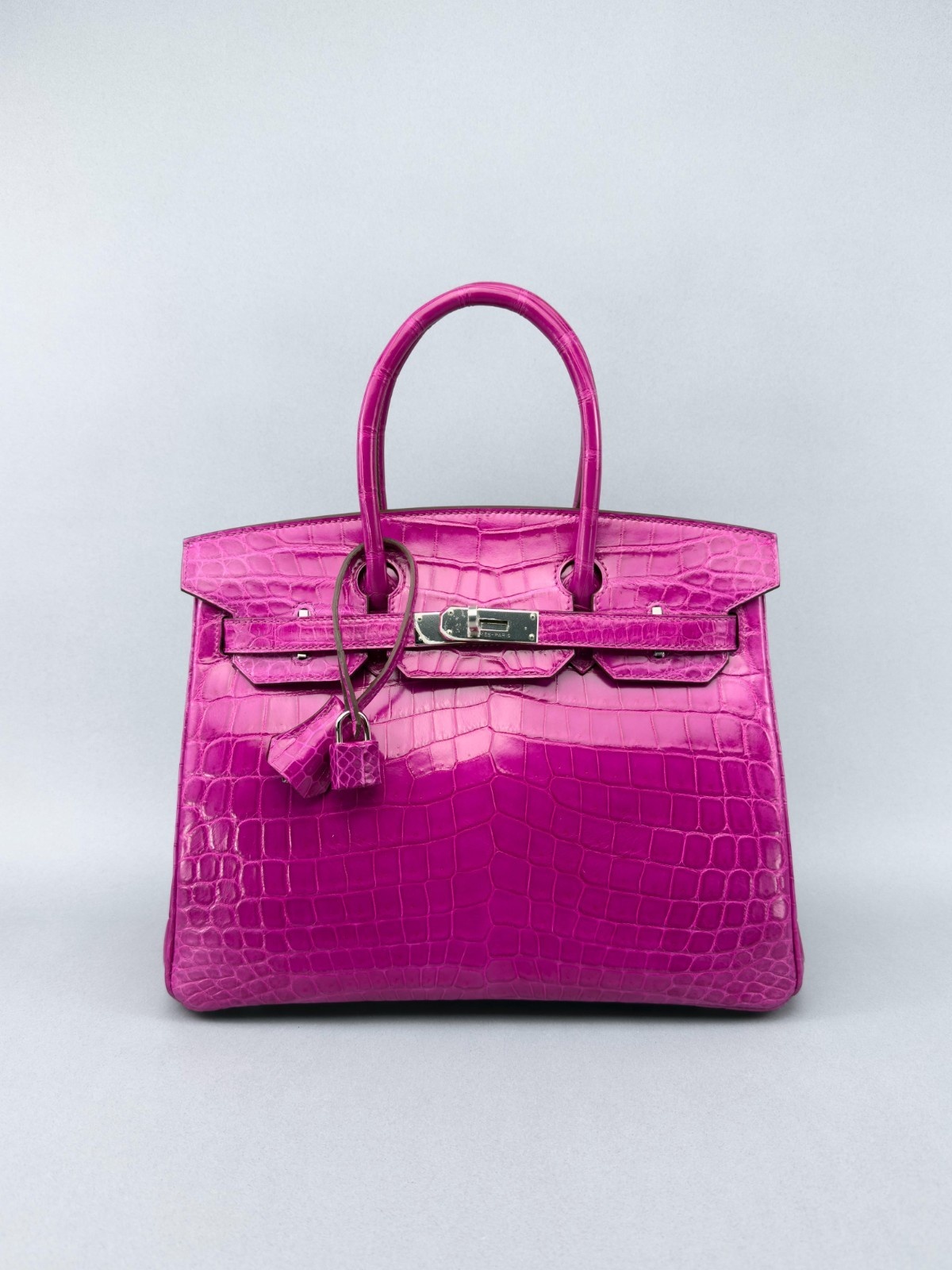 Hermes Birkin 30 Shiny Crocodile Rose Scheherazade Palladium Hardware Preowned R