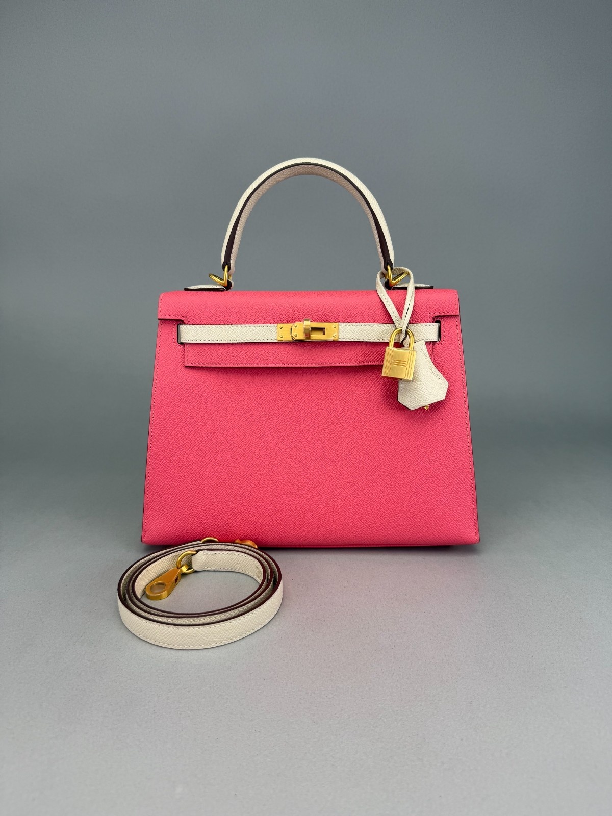Hermes Kelly 25 Sellier Epsom HSS Rose Azalee & Nata Brushed Gold Hardware Z