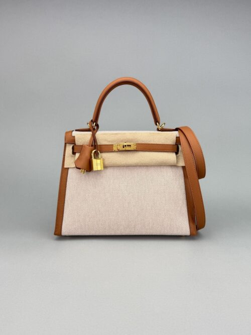 Hermes Kelly 25 Sellier Toile Gold/Beige Gold Hardware W Stamp 2024