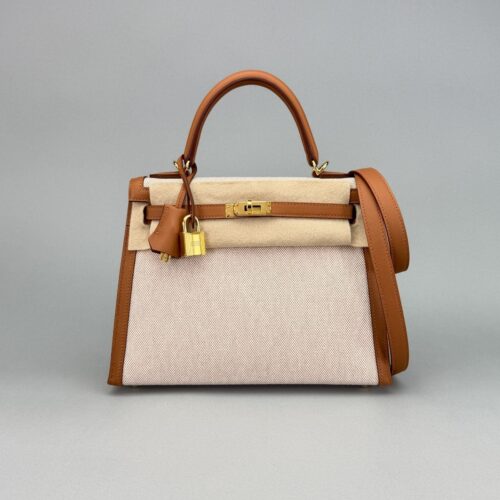 Hermes Kelly 25 Sellier Toile Gold/Beige Gold Hardware W Stamp 2024
