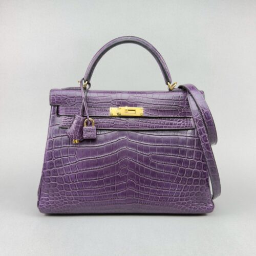 Hermes Kelly 32 Matte Crocodile Amethyste Purple Gold Hardware Preowned O Stamp