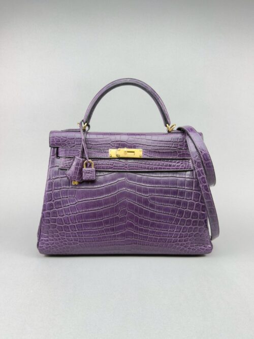 Hermes Kelly 32 Matte Crocodile Amethyste Purple Gold Hardware Preowned O Stamp