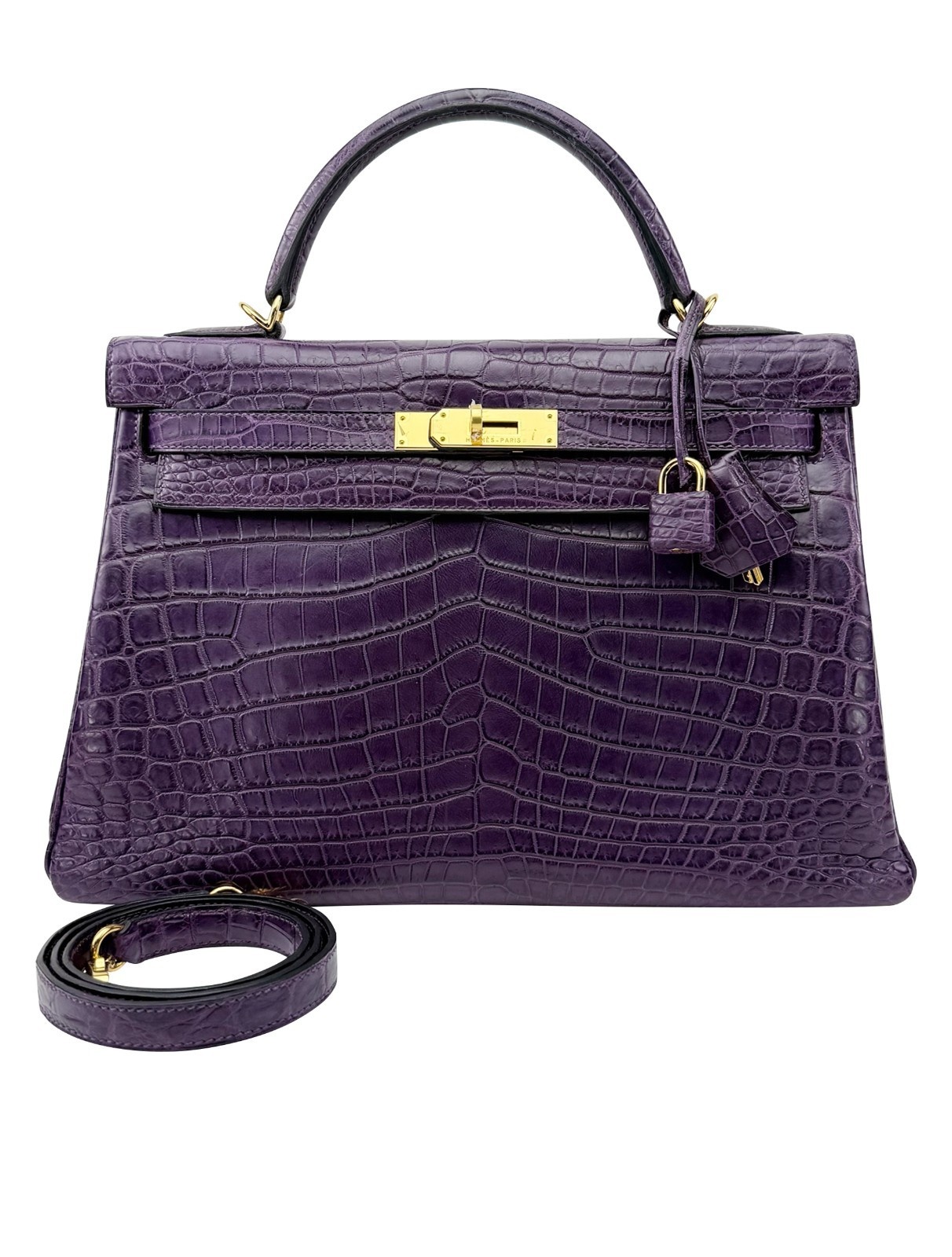 Hermes Kelly 32 Matte Crocodile Amethyste Purple Gold Hardware Preowned O Stamp