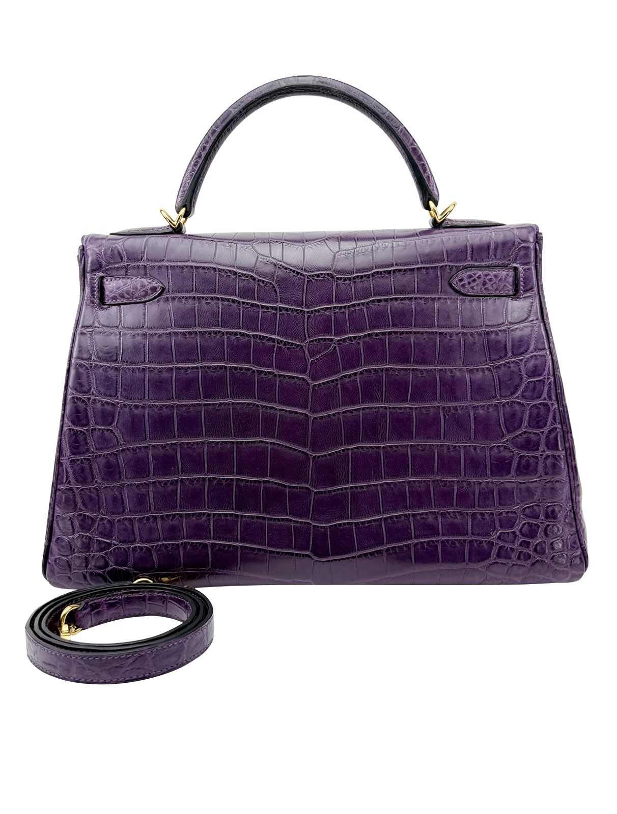 Hermes Kelly 32 Matte Crocodile Amethyste Purple Gold Hardware Preowned O Stamp