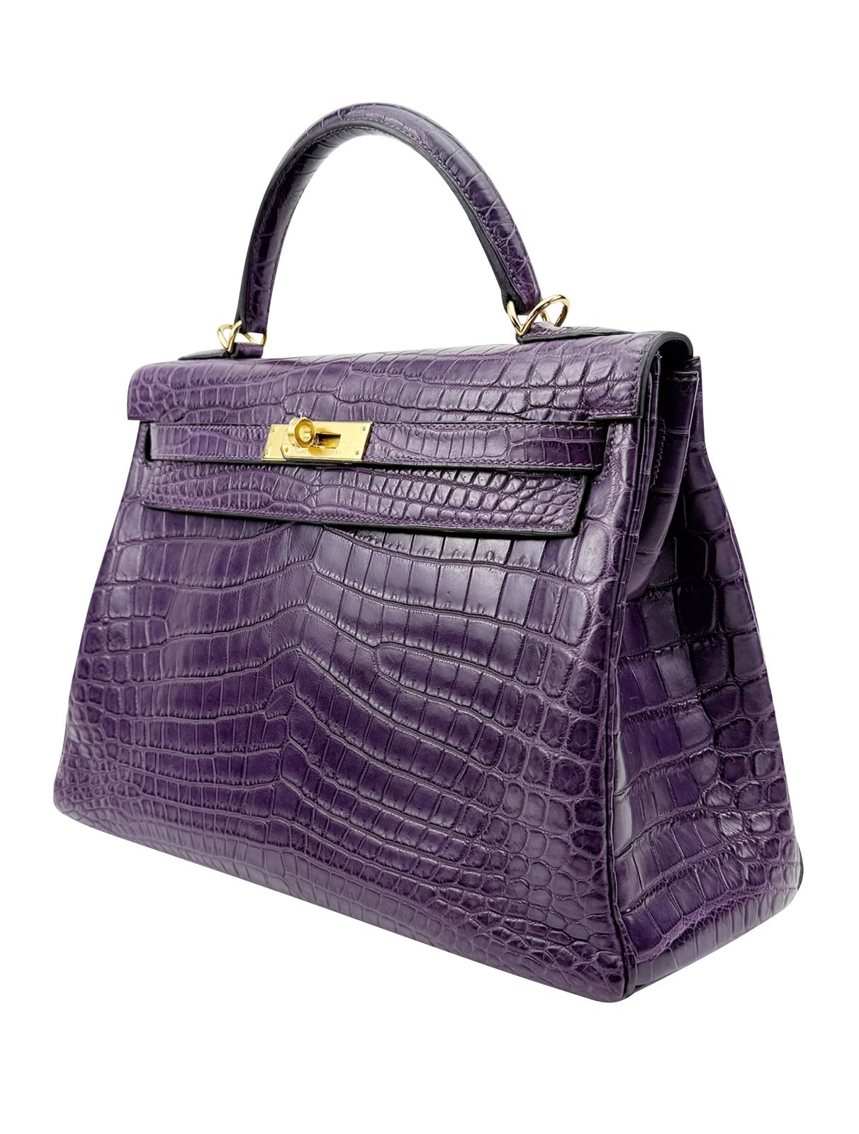 Hermes Kelly 32 Matte Crocodile Amethyste Purple Gold Hardware Preowned O Stamp