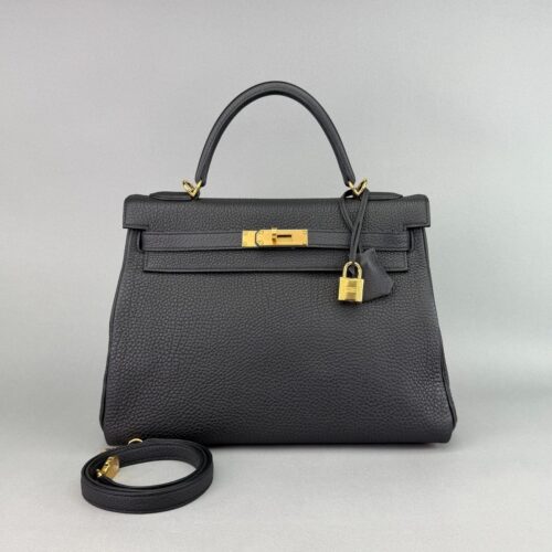 Hermes Kelly 32 Retourne Togo Black Gold Hardware Preowned K Stamp Full