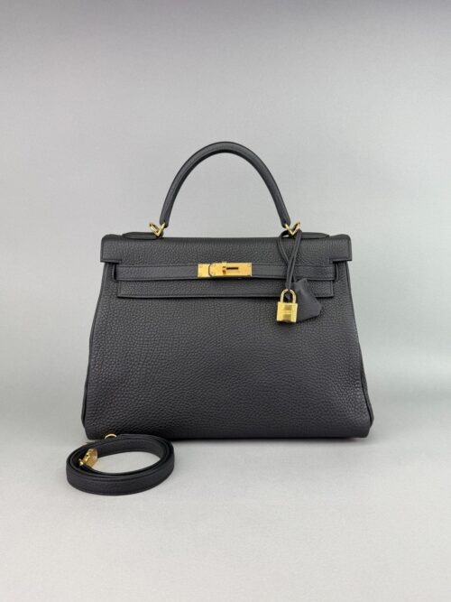 Hermes Kelly 32 Retourne Togo Black Gold Hardware Preowned K Stamp Full