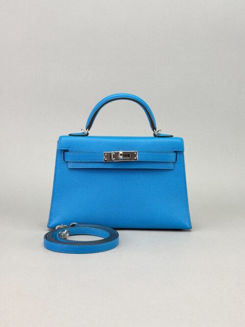 Hermes Mini Kelly 20 Chevre Blue Zanzibar Gold Hardware Preowned C Stamp