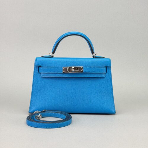 Hermes Mini Kelly 20 Chevre Blue Zanzibar Gold Hardware Preowned C Stamp