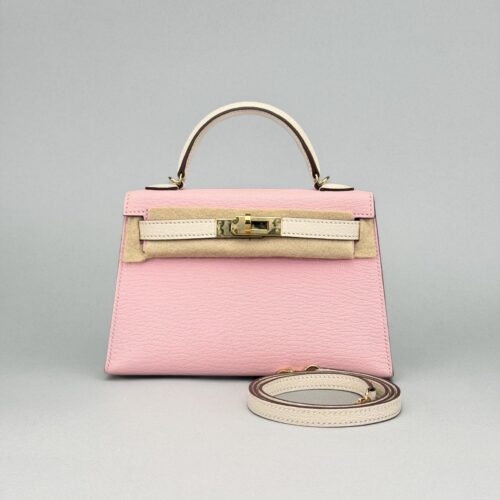 Hermes Mini Kelly 20 HSS Chevre Rose Sakura/Craie Permabrass Preowned W Stamp