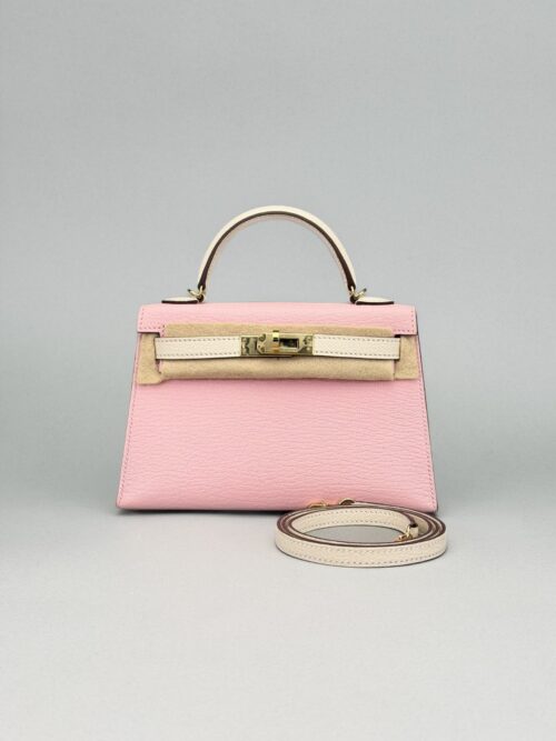 Hermes Mini Kelly 20 HSS Chevre Rose Sakura/Craie Permabrass Preowned W Stamp