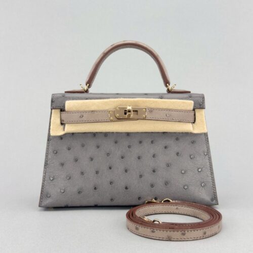 Hermes Mini Kelly 20 HSS Ostrich Graphite/Gris Touterelle Permabrass Hardware W