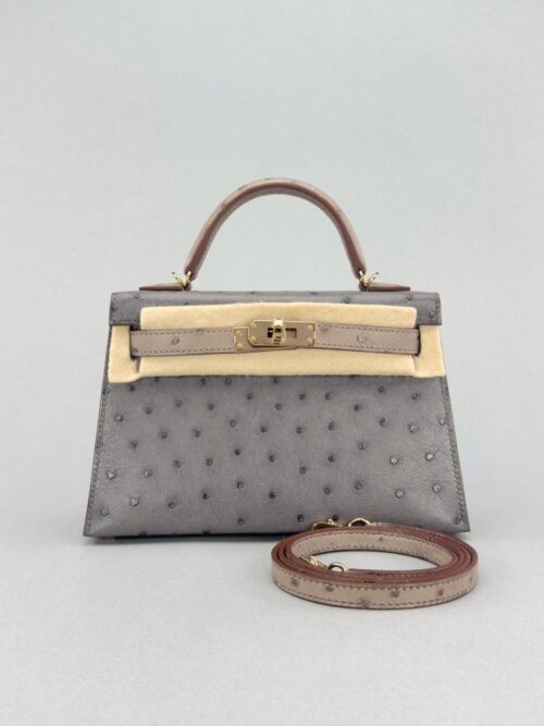 Hermes Mini Kelly 20 HSS Ostrich Graphite/Gris Touterelle Permabrass Hardware W