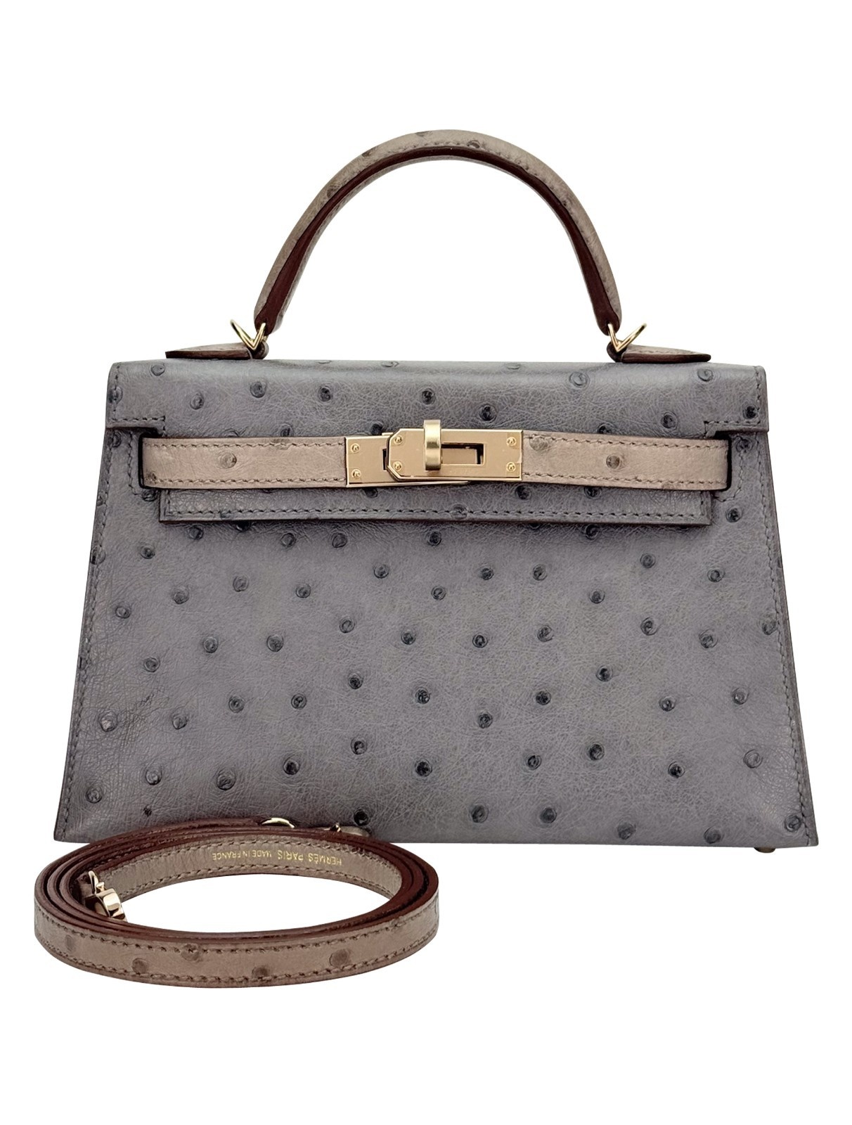 Hermes Mini Kelly 20 HSS Ostrich Graphite/Gris Touterelle Permabrass Hardware W
