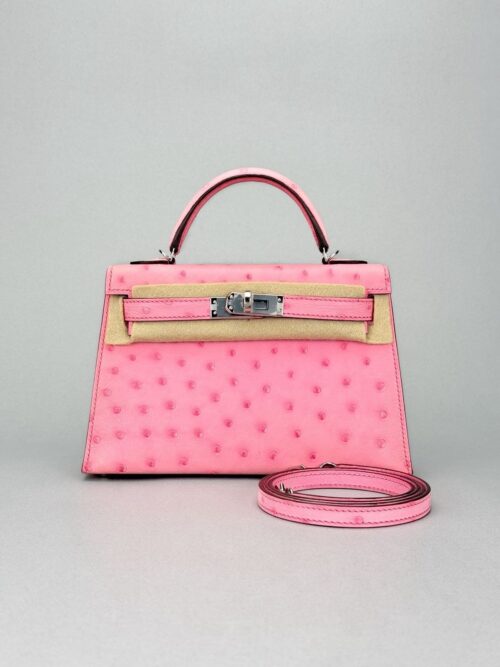 Hermes Mini Kelly 20 Sellier Ostrich Bubblegum Palladium Hardware Y Stamp 2020