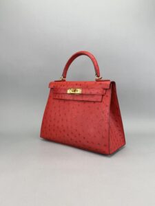Hermes Kelly 28 Sellier Ostrich Rouge Vif Gold Hardware Preowned T Stamp