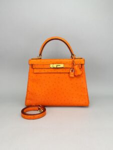 Hermes Kelly 28 Retourne Ostrich Orange Gold Hardware Preowned Square K