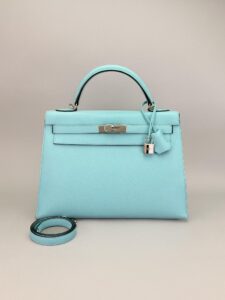 Hermes Kelly 32 Sellier Epsom Blue Atoll Palladium Hardware Preowned T Stamp