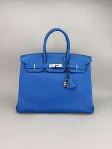 Hermes Birkin 35 Retourne Togo Blue Mykonos Palladium Hardware Preowned Square N