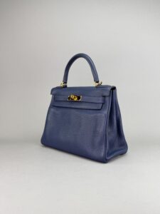 Hermes Kelly 28 Retourne Togo Blue Sapphire/Eletric Gold Hardware Preowned Sqr R