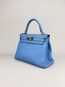 Hermes Kelly 28 Retourne Togo Blue Paradise Gold Hardware Preowned Square R