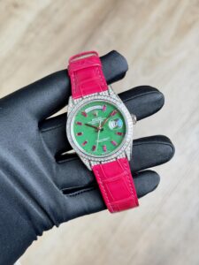 Rolex Day-Date 36 Green Jade Baguette Ruby Diamond Strap Preowned 2024 128459TBR