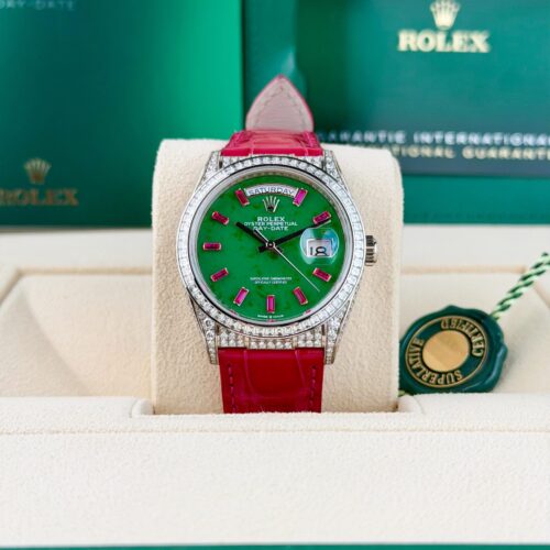 Rolex Day-Date 36 Green Jade Baguette Ruby Diamond Strap Preowned 2024 128459TBR